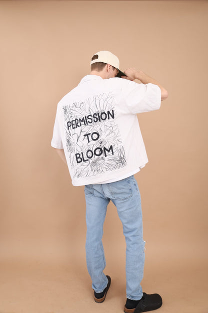 Permission to Bloom Boxy Button Up — model lifestyle, open relaxed fit | Overthinkers Club