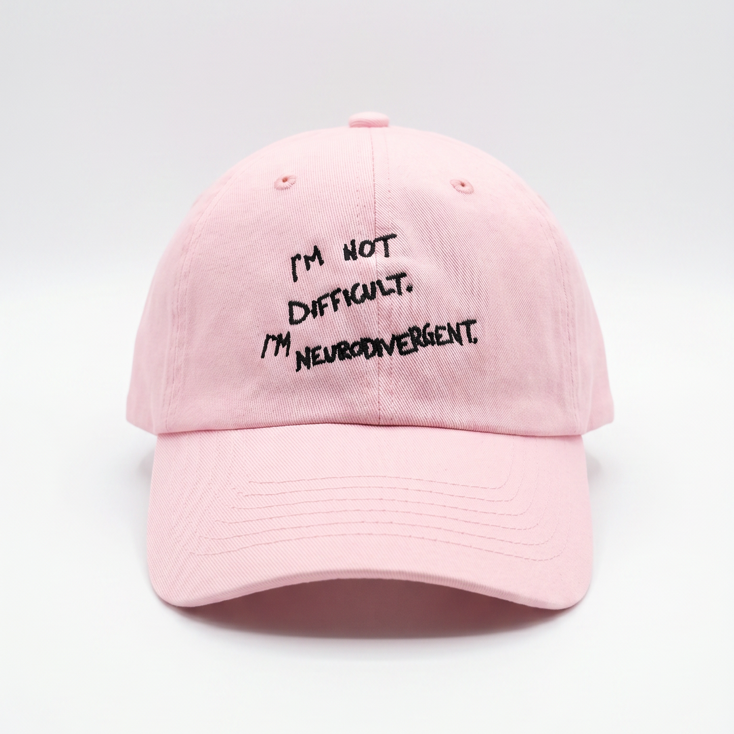 Peony I'm Not Difficult I'm Neurodivergent Dad Hat — front, embroidered text | Overthinkers Club