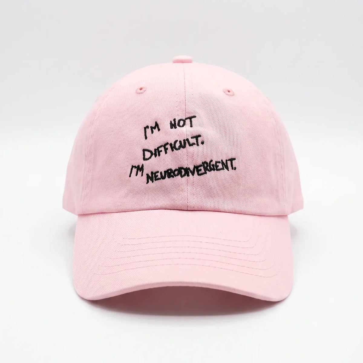 Peony I'm Not Difficult I'm Neurodivergent Dad Hat — front, embroidered text | Overthinkers Club