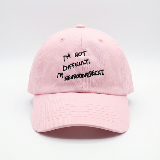 Peony I'm Not Difficult I'm Neurodivergent Dad Hat — front, embroidered text | Overthinkers Club