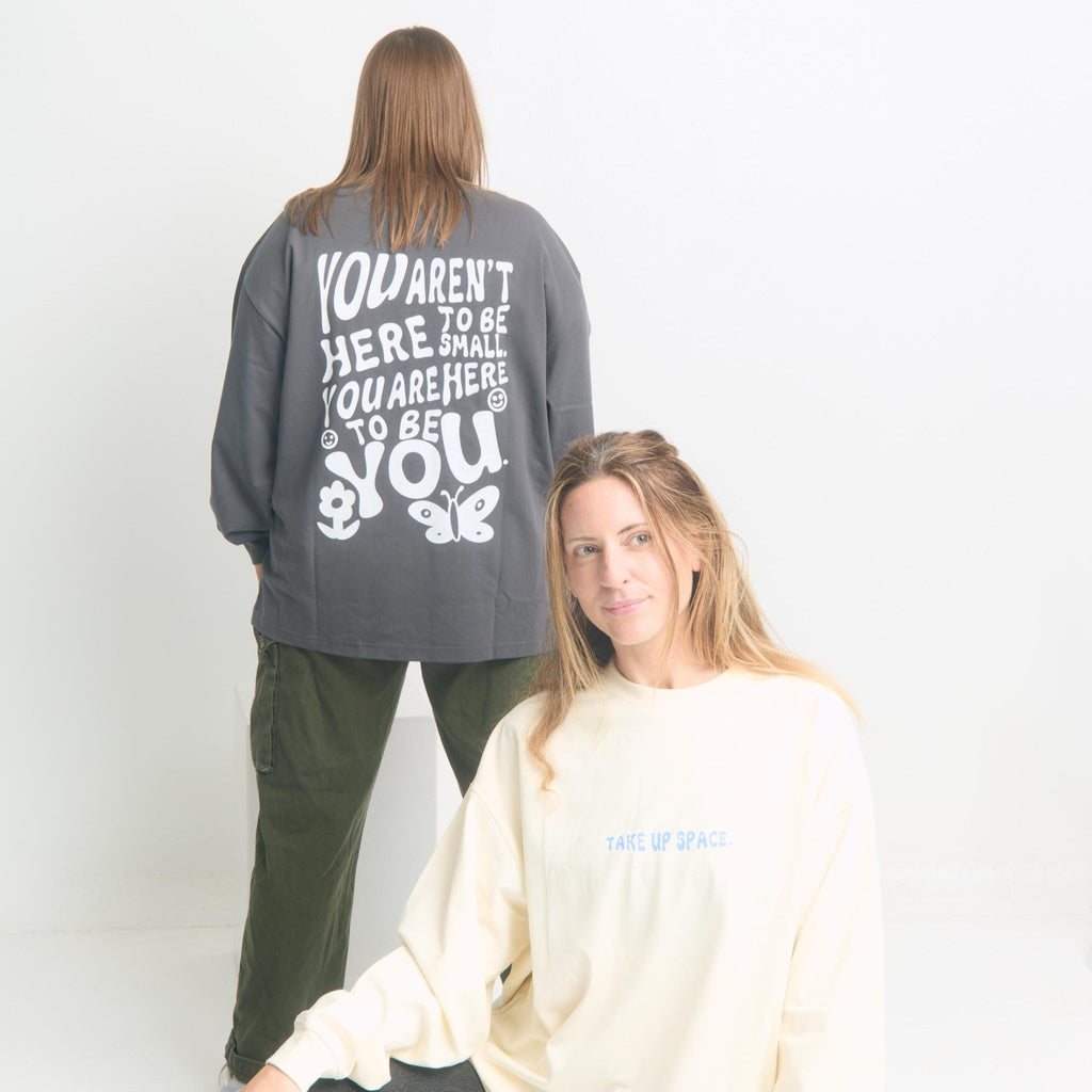 Milk tea Take Up Space Long Sleeve Tee — front, bold Take Up Space chest graphic | Overthinkers Club
