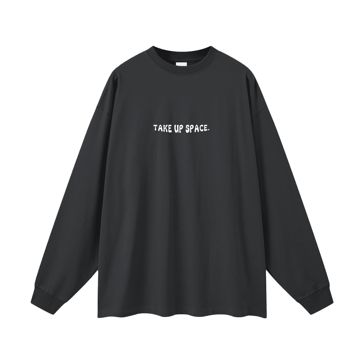 Take Up Space Long Sleeve Tee — flat lay back, dropped hem detail | Overthinkers Club