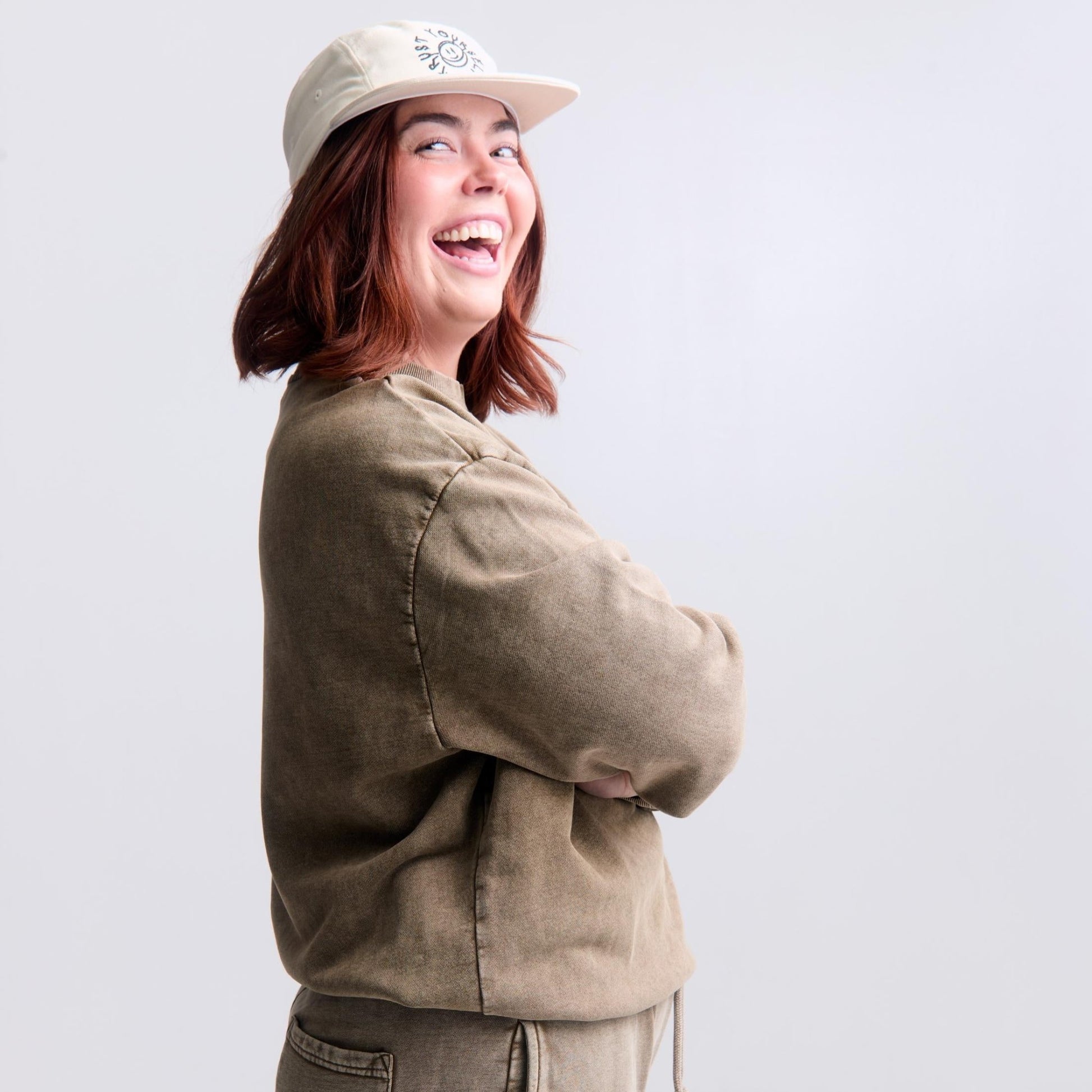 Trust Yourself Camper Hat — worn on model, casual lifestyle shot | Overthinkers Club