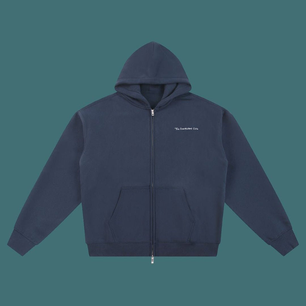 Trust Yourself Zip Hoodie — model full-length front, forest green | Overthinkers Club