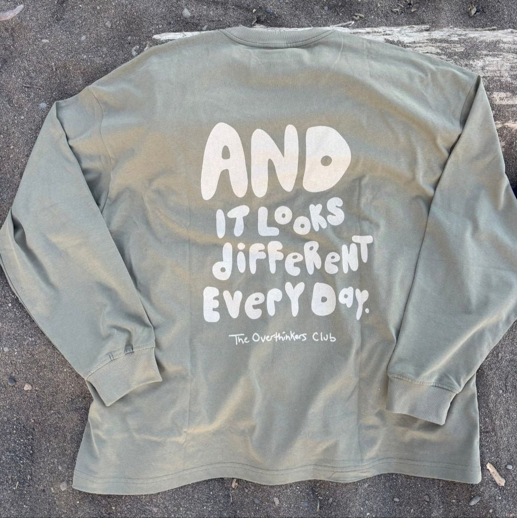 Trying My Best Long Sleeve — flat lay back, navy drop shoulder construction | Overthinkers Club
