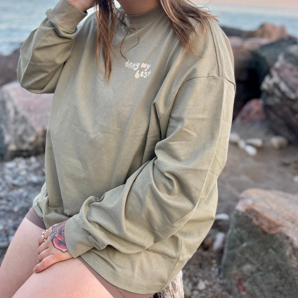 Navy Trying My Best Long Sleeve — front view, Trying My Best chest graphic | Overthinkers Club