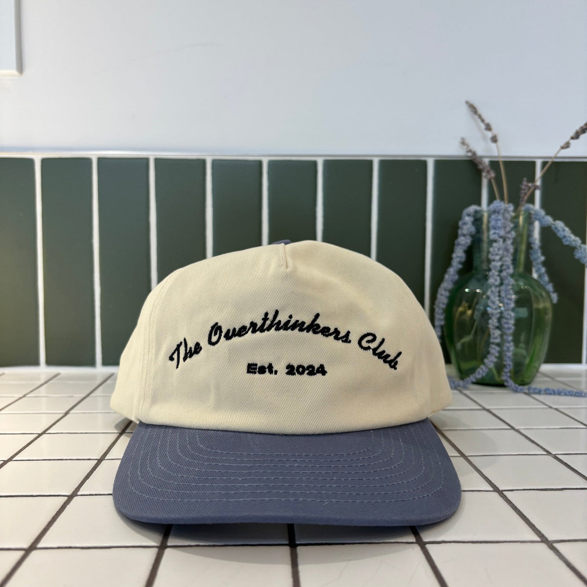 Two Toned Snapback Hat — close-up of embroidered logo and brim | Overthinkers Club