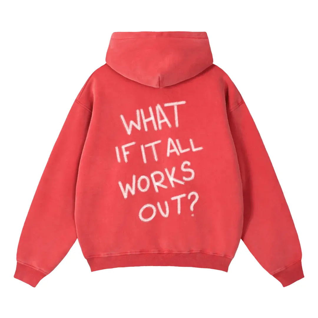 Washed crimson What If It All Works Out? Zip Hoodie — front, distressed wash | Overthinkers Club