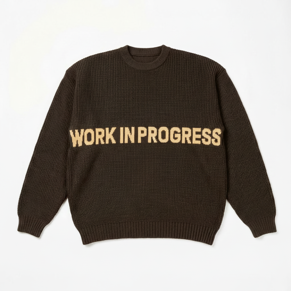 Work In Progress Knit Crewneck — back view, ribbed hem and cuffs | Overthinkers Club