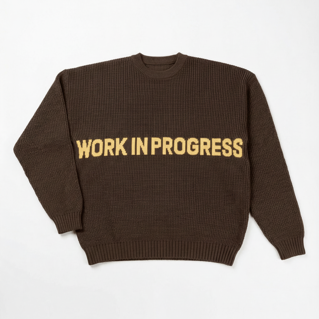 Coffee bean brown Work In Progress Knit Crewneck — front, intarsia WIP text detail | Overthinkers Club