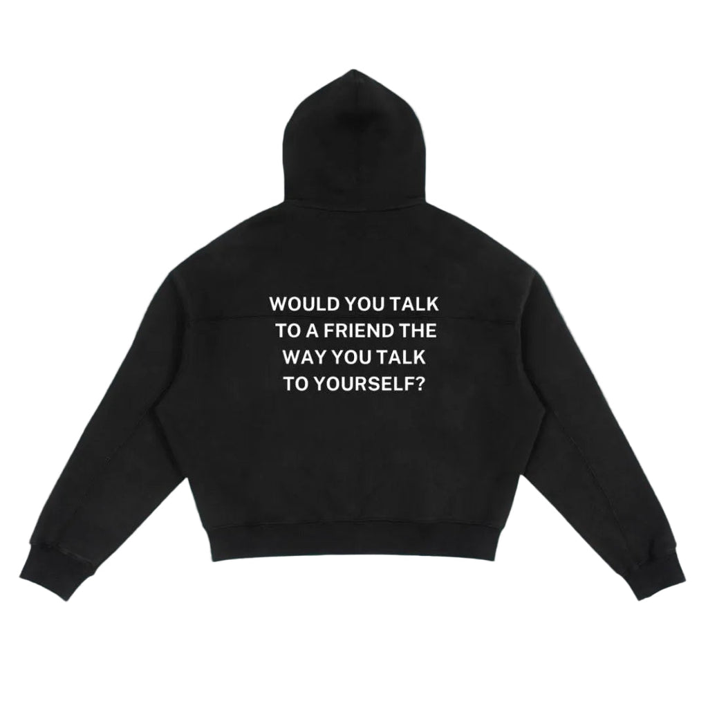 Would You Talk to a Friend? Zip Hoodie — hood down, zipped, lifestyle shot | Overthinkers Club